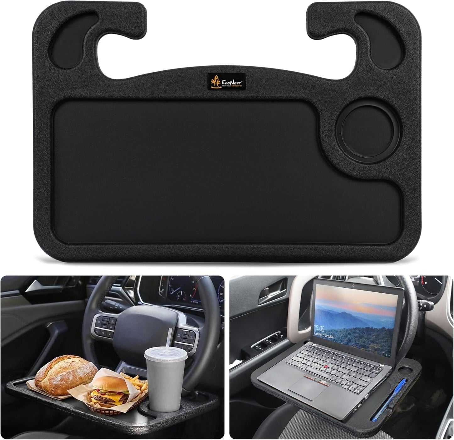EcoNour 2 in 1 Car Steering Wheel Desk | Tray for Laptop Car Mount with Pen Holder | Desk Console for Car | Food Tray for Eating with Drinks Holder | Multipurpose Travel Car Accessories