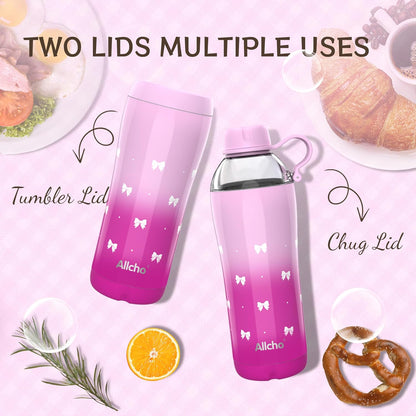 Allcho Insulated Water Bottle for Women, 18oz Stainless Steel Leak Proof Tumbler with 2 Lids, BPA-Free Tritan Chug & Straw Lid, Double Wall Vacuum Flask