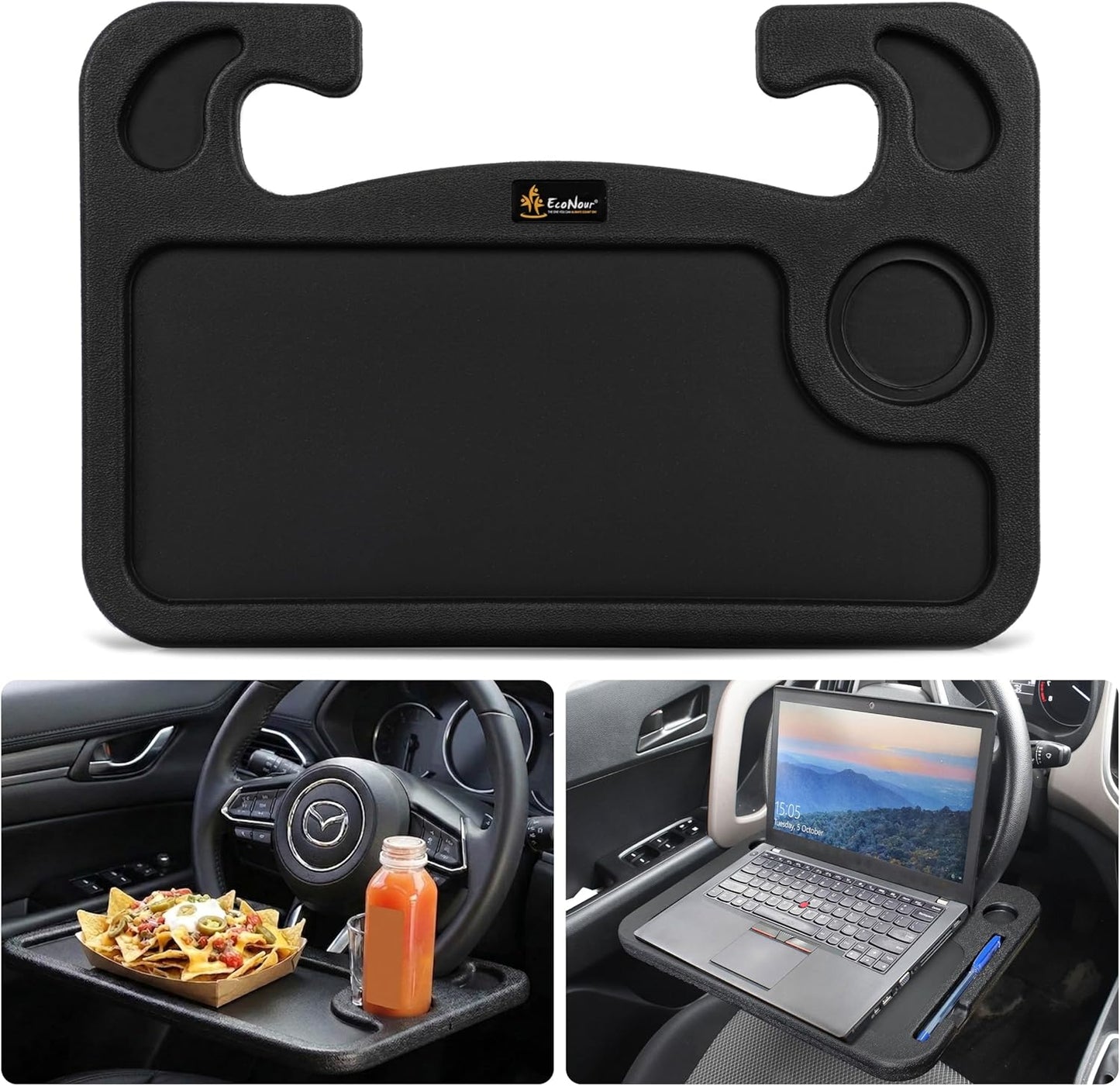 EcoNour 2 in 1 Car Steering Wheel Desk | Tray for Laptop Car Mount with Pen Holder | Desk Console for Car | Food Tray for Eating with Drinks Holder | Multipurpose Travel Car Accessories