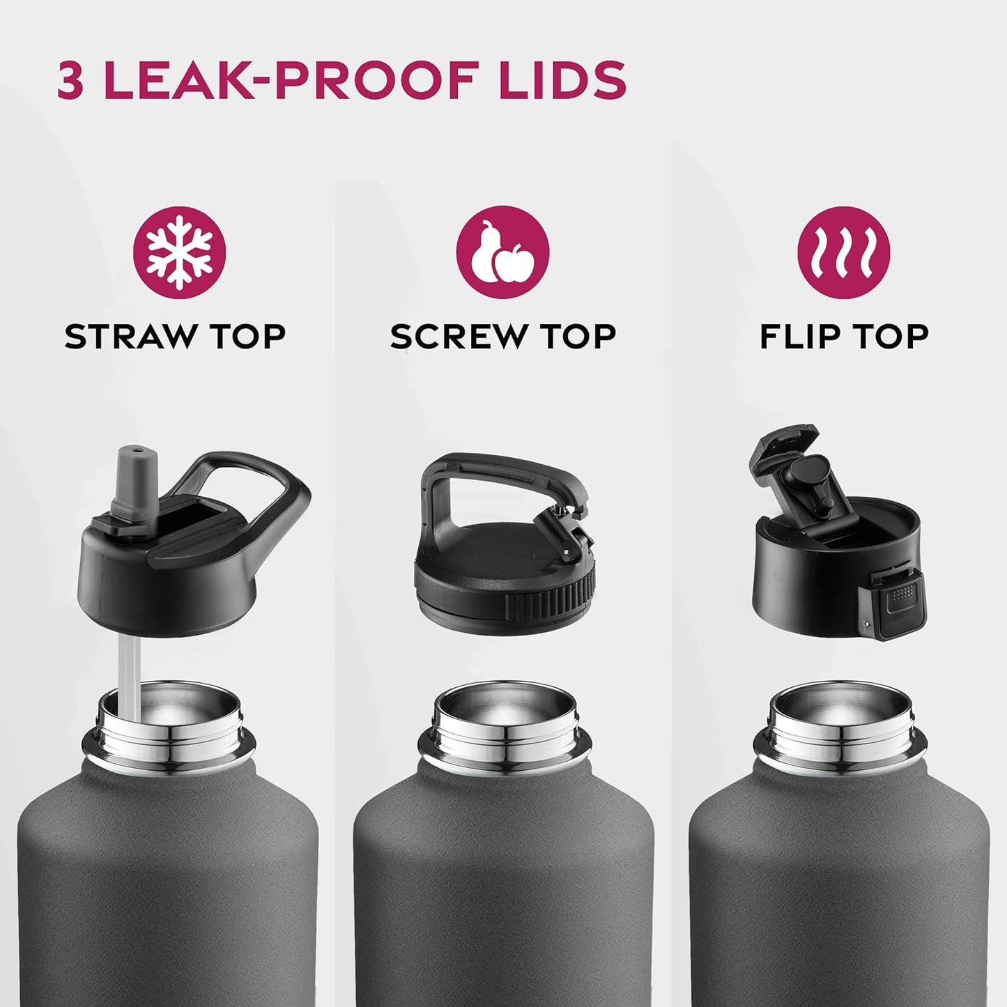 FineDine Water Bottle - Stainless Steel Insulated Water Bottle with Straw Lid, Flip Lid & Wide-Mouth Cap - Keeps Hot and Cold - 25 Oz / 739ml - Dreamy Purple