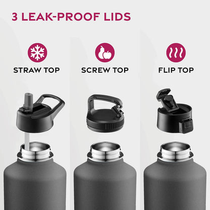 FineDine Water Bottle - Stainless Steel Insulated Water Bottle with Straw Lid, Flip Lid & Wide-Mouth Cap - Keeps Hot and Cold - 25 Oz / 739ml - Dreamy Purple