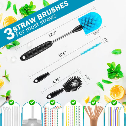 12.2 inch Bottle Brush Set of Three，Washable Coffee Cups, Water Bottles, Baby Bottles, Straws, to-go Cups, Long-Handled 3-in-1 Stainless Steel Bottle Brushes. (Blue)