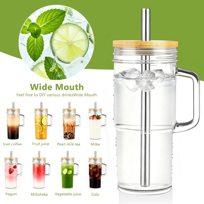 2Pack 40OZ Glass Tumbler with Handle,Glass Cup with Lid and Straw,Reusable Glass Iced Coffee Cup for Beer, Smoothies, Juice,Hot/Cold Drinks-Suitable for Birthday,Wedding