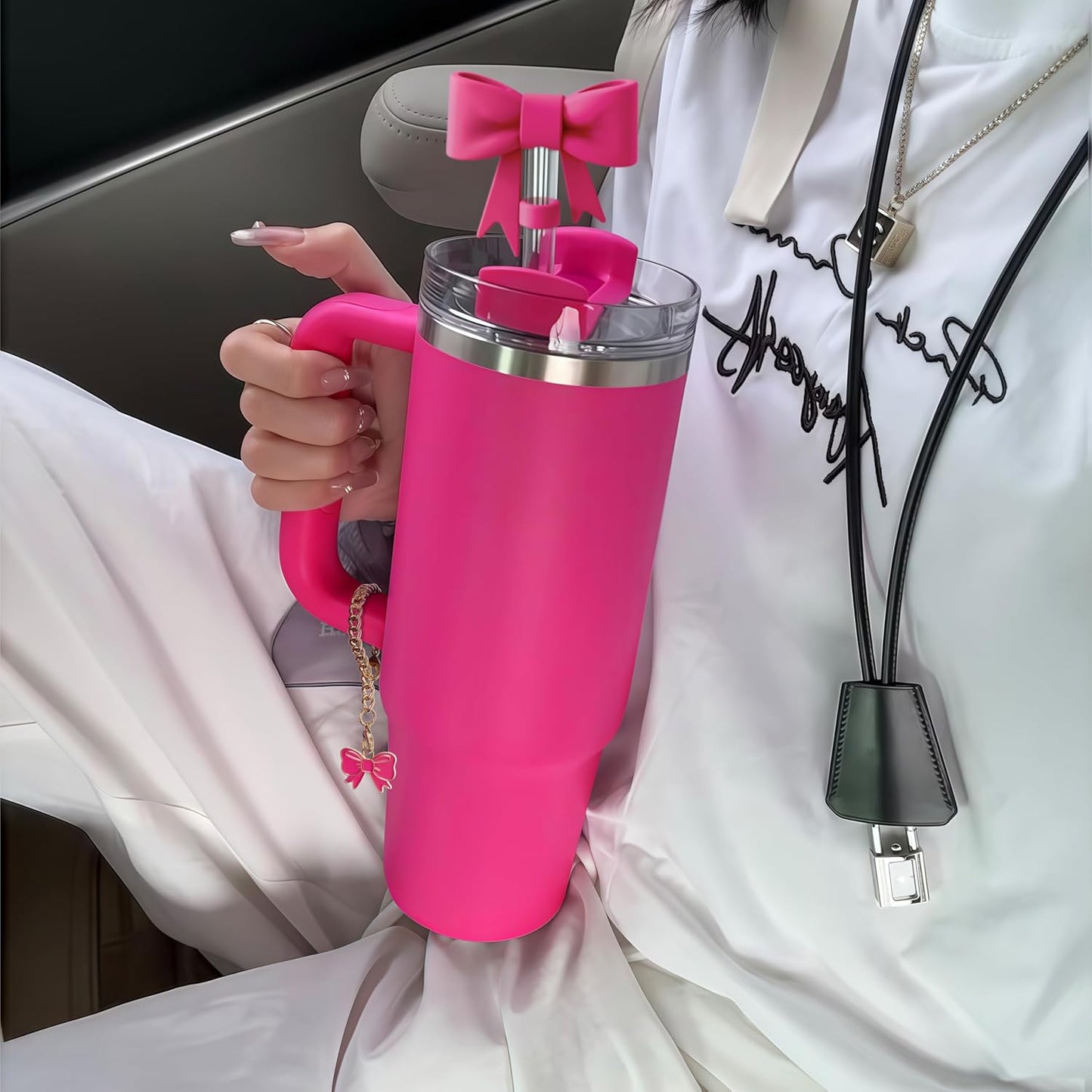 Compatible with Stanley Cup Accessories - 3Pcs 10mm Bow Straw Topper Compatible with Stanley Cup Straw Cover Cap, 2pcs Pink Bow Charms for Stanley 30&40 Oz Tumbler with Handle