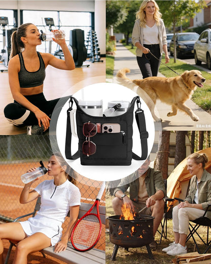 Water Bottle Holder with Strap for 2 Cups, Water Bottle Sling Bag with Phone Pocket, Tumbler Carrier Bag for Walking, Hiking, Camping