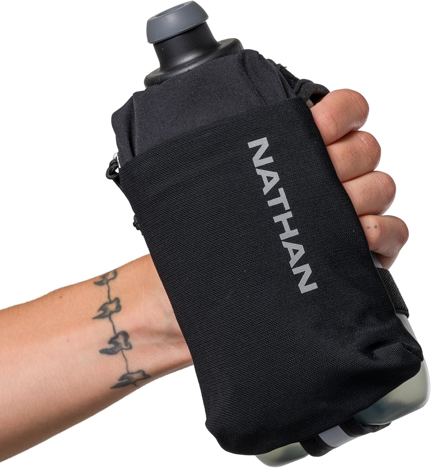 Nathan SpeedDraw 2 Insulated Handheld Running Water Bottle Flask 18oz – Double-Wall Insulation, Ergonomic Grip, Blast Valve Cap, Phone & Key Storage Pockets, Reflective Design