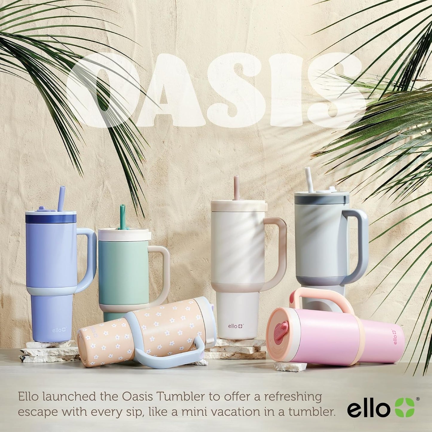Ello Oasis 40 oz Tumbler with Handle & Retracting Straw | Reusable Insulated Stainless Steel Cup 100% Leakproof, Gifts for Teens Women Men | Keeps cold for 24 Hours, Cup Holder Friendly, Daisies
