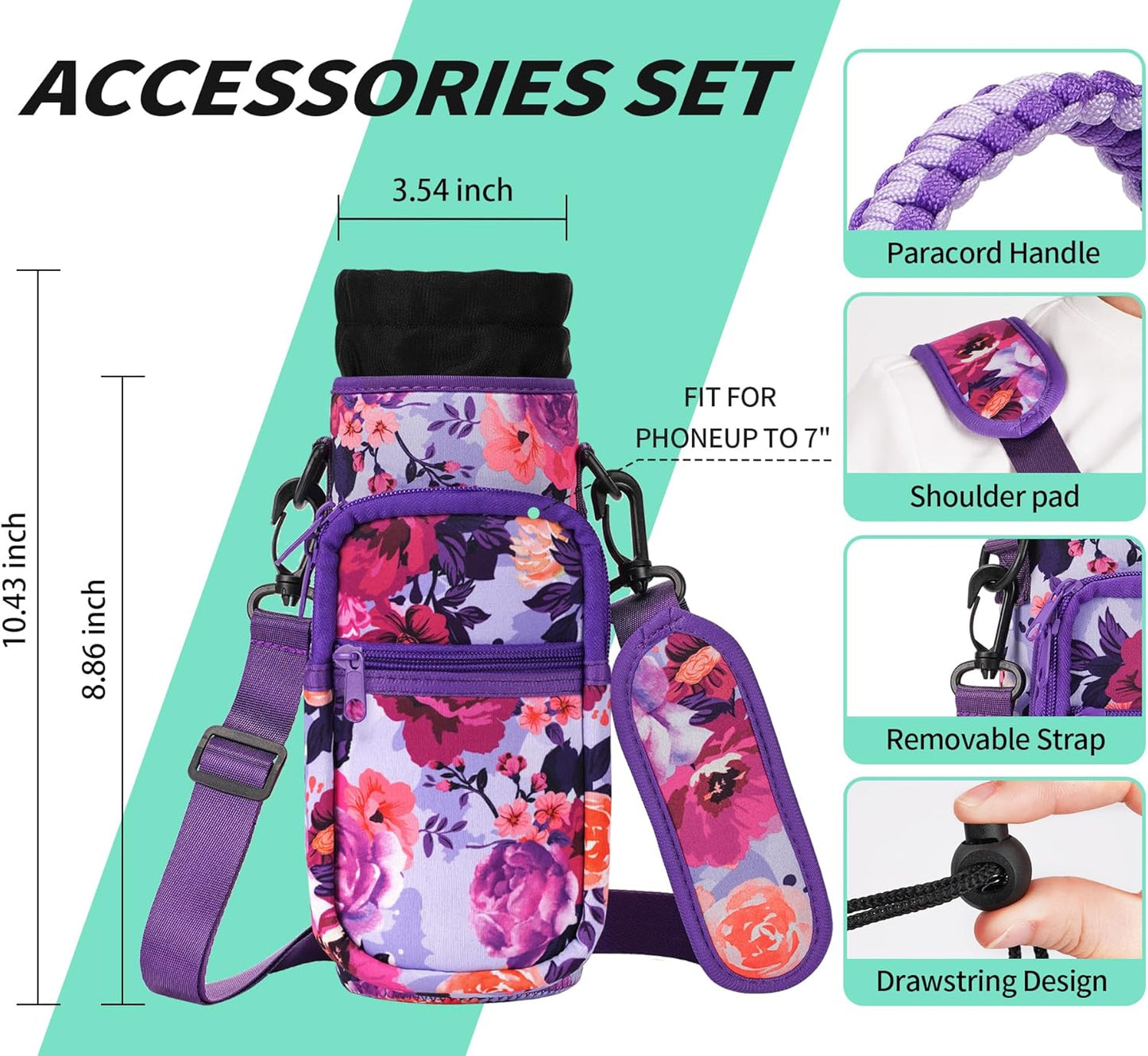 AceTreker 32/40/64/87/128 oz Water Bottle Carrier Bag, Neoprene Water Bottle Sleeve with 4 Pocket, Sport Water Holder with Paracord Handle and Shoulder Strap for Walking Hiking Camping Gym