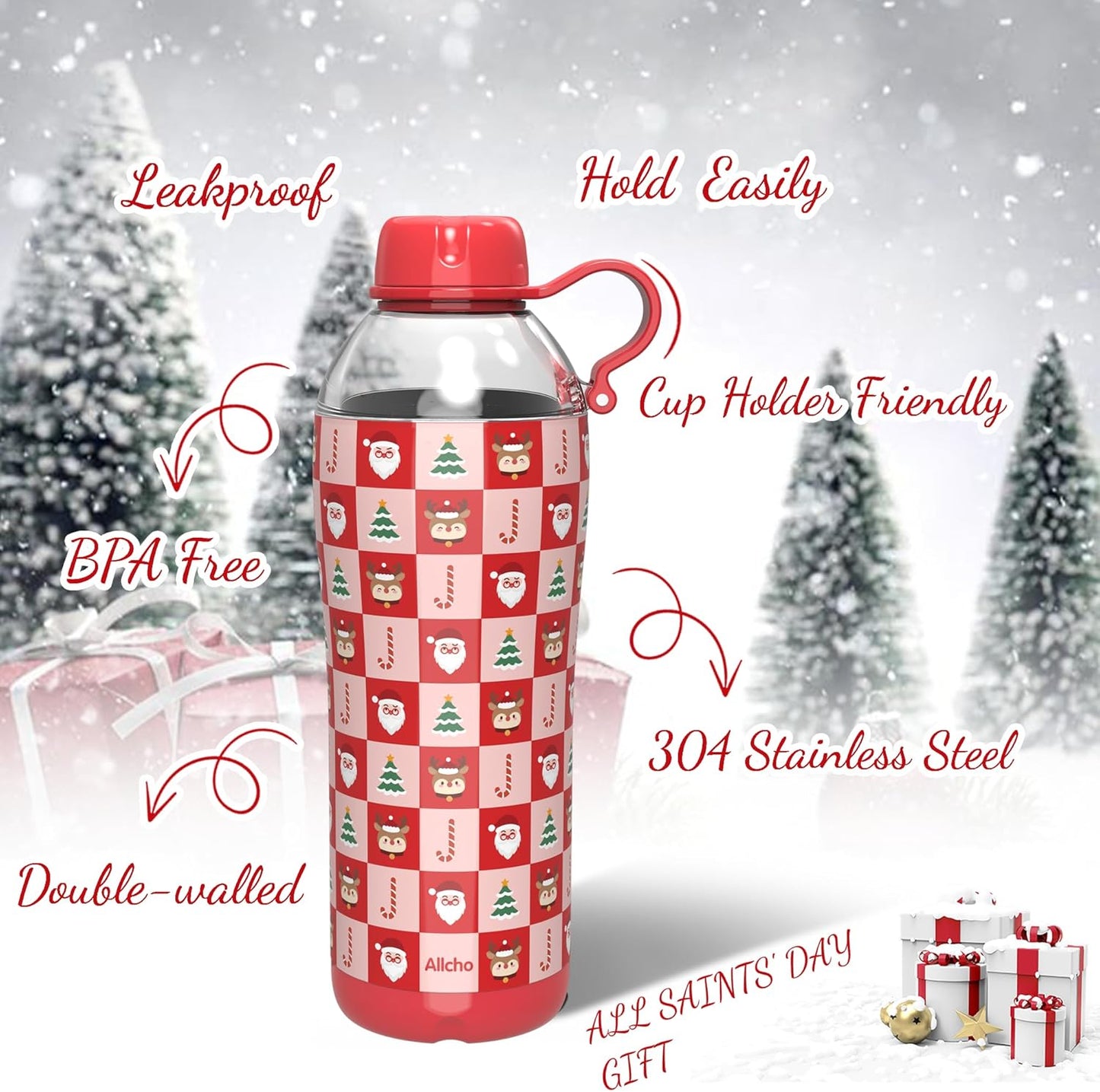 Allcho Insulated Water Bottle for Women, 18oz Stainless Steel Leak Proof Tumbler with 2 Lids, BPA-Free Tritan Chug & Straw Lid, Double Wall Vacuum Flask