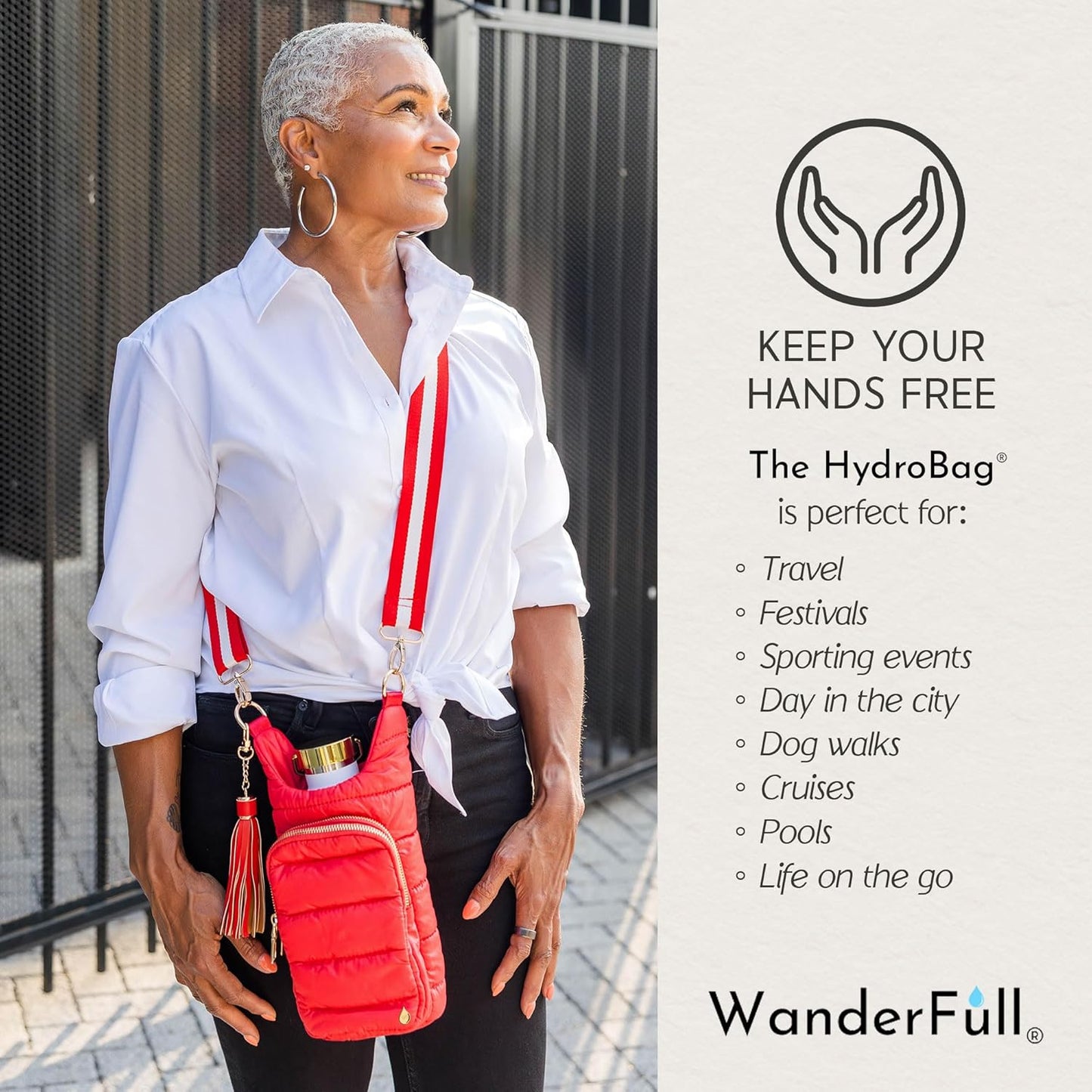 WanderFull Original HydroBag Fits Up to 32 oz Water Bottle Holder with Strap – Hands-Free Crossbody Water Bottle Carrier Bag with Phone Pocket - Colors B