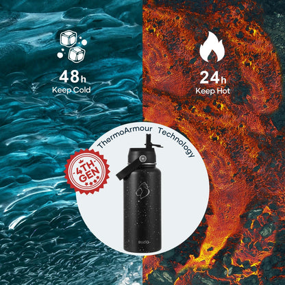 BUZIO 40oz Insulated Water Bottle, Triple Wall Vacuum Stainless Steel Water Flask with 2 lids, Lead-Free BPA-Free Straw Lid Sports Canteen Jug, Cold 48H & Hot 24H- Black - Colors A
