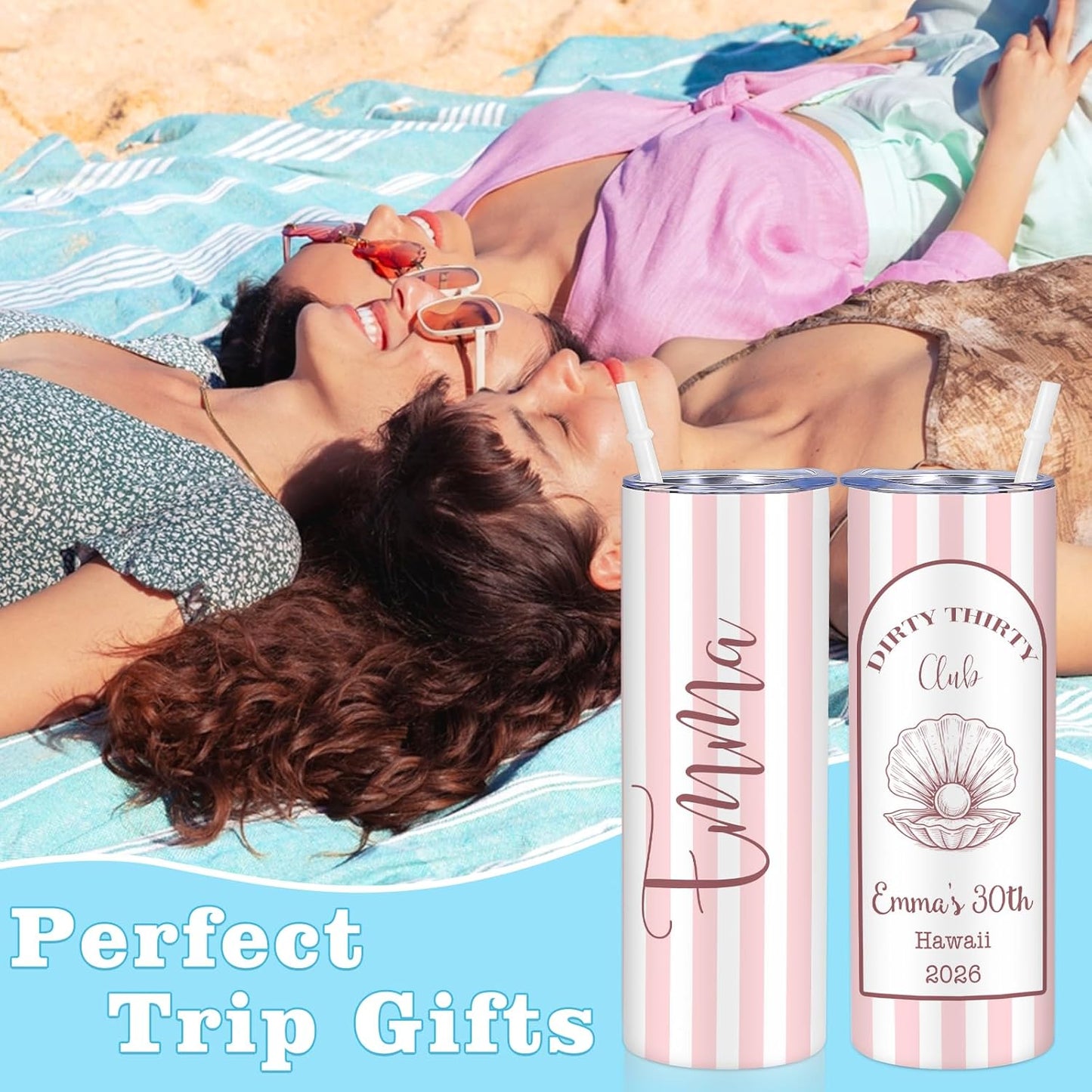 Girl Trip Gifts for Women, Personalized Girls Trip Tumblers with Name Text, Custom Beach Tumbler, Road Trips Vacation Cruise Cup with Lid and Straw, Bachelorette Party Girl Weekend Gift For Friend