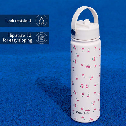 25oz Insulated Stainless Steel Aesthetic Cute Water Bottle - 2 Lids Included (Straw + Sport Handle), Leakproof BPA-Free, Dreamy Cream Cute Floral Design, Perfect Gym/Yoga/Office Companion