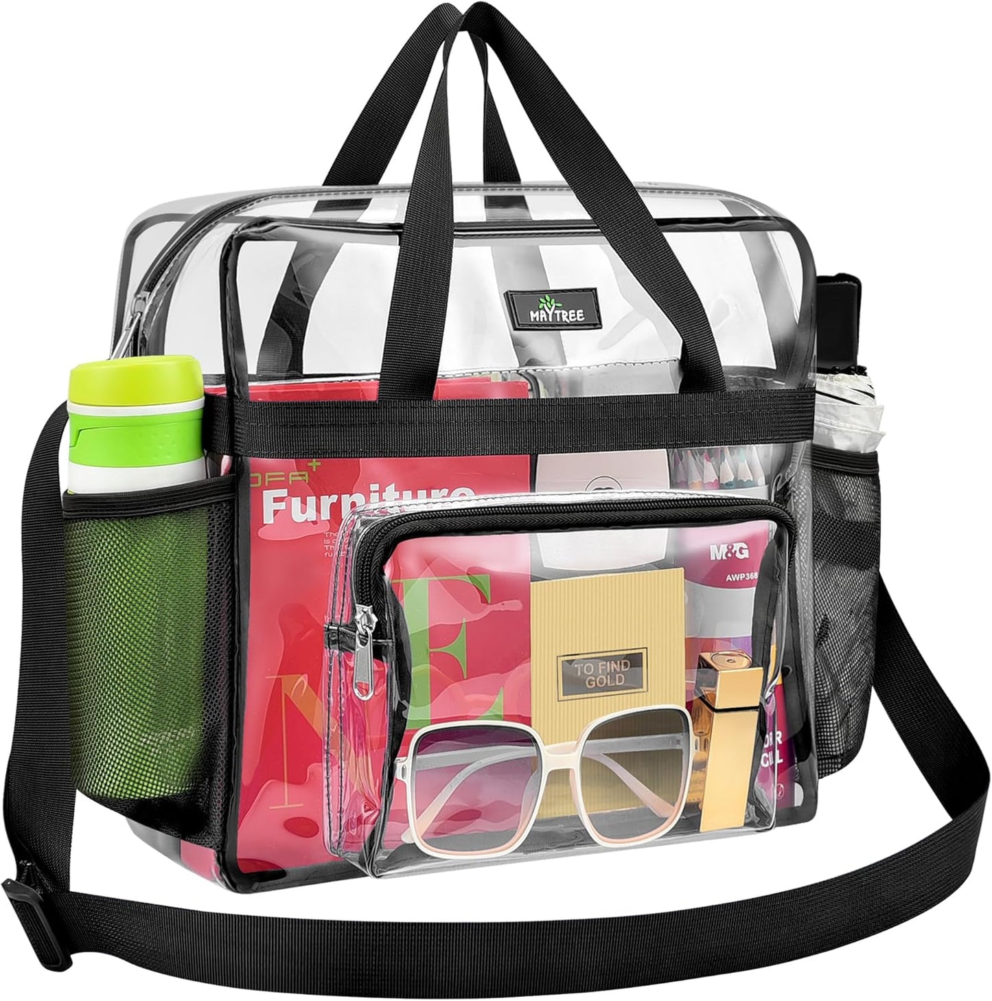 MAY TREE Clear Bag for Stadium Events, 12×5.5×12 Clear Tote Lunch Bag with Non-detachable Reinforced Straps for Work, Sporting Events and Gym, Black