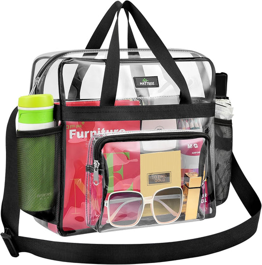 MAY TREE Clear Bag for Stadium Events, 12×5.5×12 Clear Tote Lunch Bag with Non-detachable Reinforced Straps for Work, Sporting Events and Gym, Black