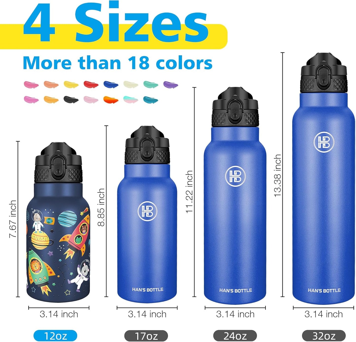 Han's Bottle Sports Water Bottle - 24 Oz, Straw Lid, Leak Proof, Vacuum Insulated Stainless Steel, Double Walled, Thermo Mug,Black