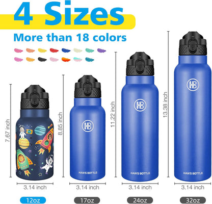 Han's Bottle Sports Water Bottle - 24 Oz, Straw Lid, Leak Proof, Vacuum Insulated Stainless Steel, Double Walled, Thermo Mug,Black