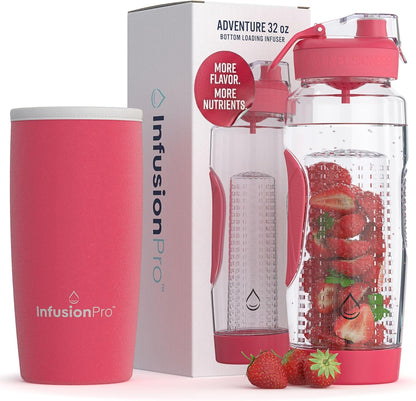 Infusion Pro 32 oz Fruit Infuser Water Bottle with Insulated Sleeve & 50 Recipe Fruit Infusion Water eBook : Bottom Loading, Large Water Infuser for More Flavor : Unique Gift Idea for Women