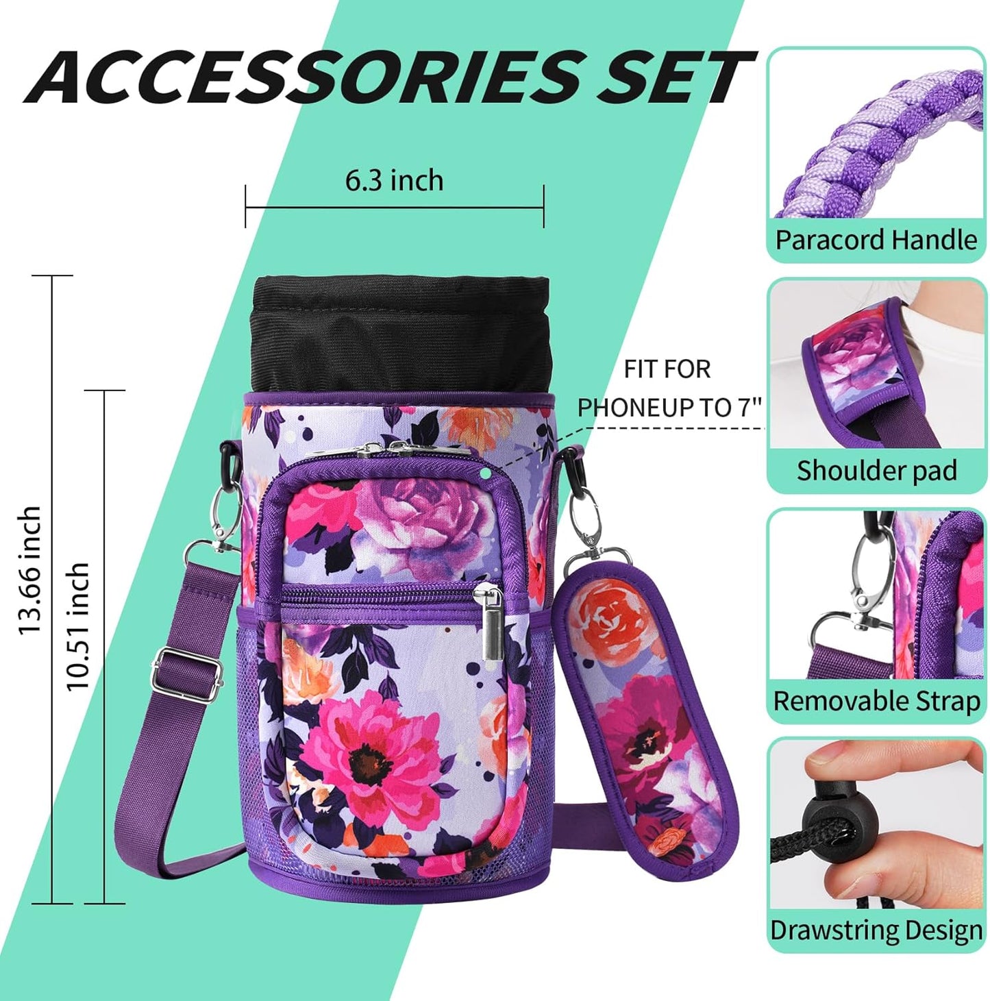 AceTreker 32/40/64/87/128 oz Water Bottle Carrier Bag, Neoprene Water Bottle Sleeve with 4 Pocket, Sport Water Holder with Paracord Handle and Shoulder Strap for Walking Hiking Camping Gym