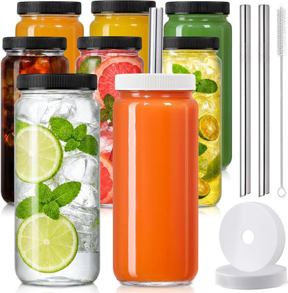 8 Pack 16OZ Glass Juice Bottles with 8 Airtight Lids & 2 Straw Lids & 2 Straws - Freezable Juice Container, Travel Juicing Jars, Drinking Water Cups - Reusable Tall Mason Jar for Tea, Juice, Smoothies