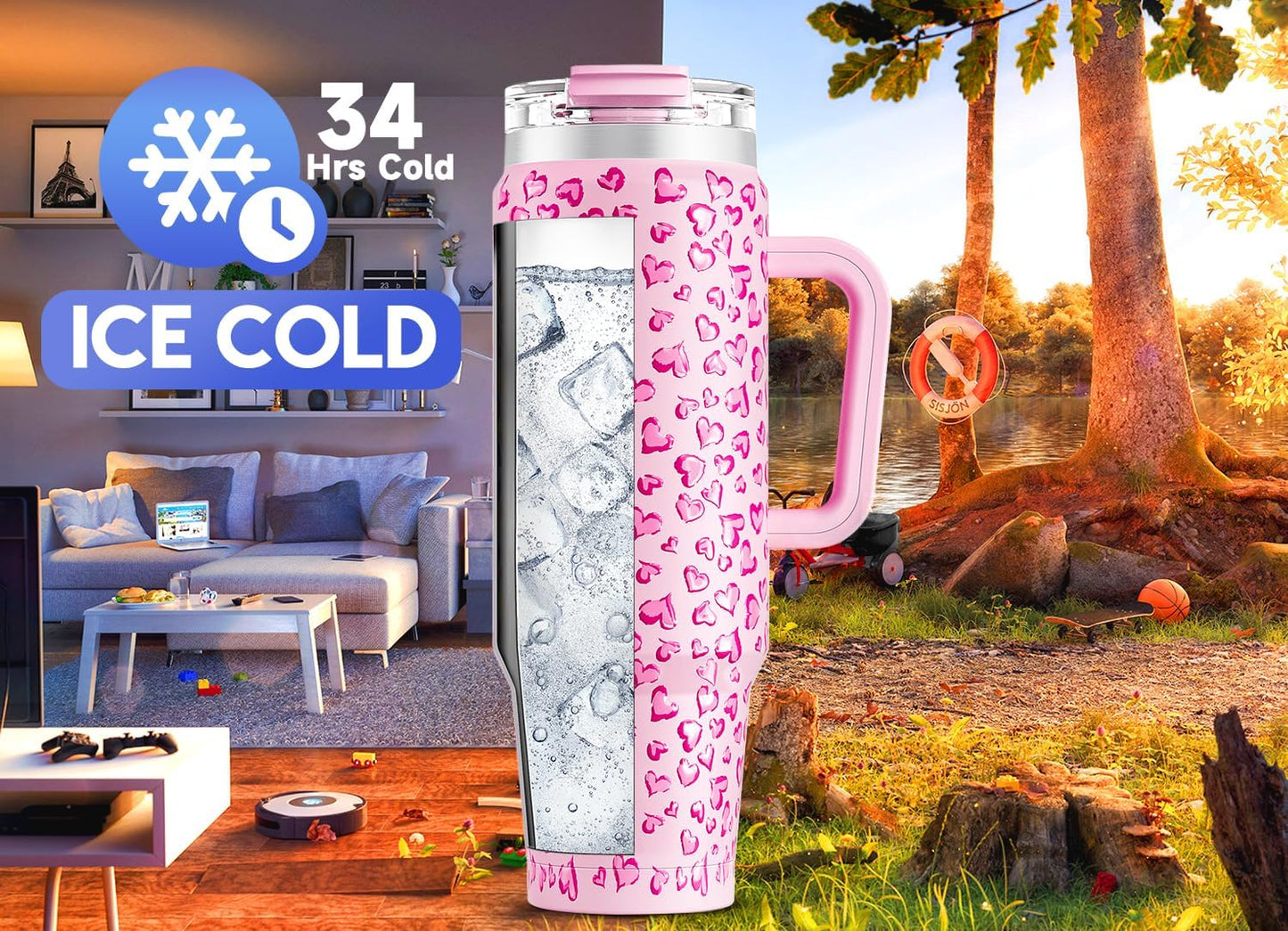 Meoky 32 oz Tumbler with Handle, Insulated Tumbler with Lid and Straw, Stainless Steel Travel Mug, Keeps Cold for 24 Hours, 100% Leak Proof, Fits in Car Cup Holder (Night)