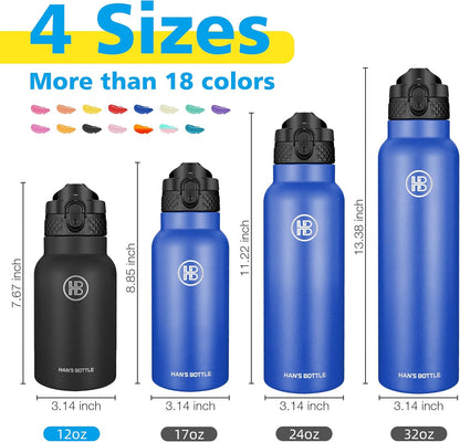 Han's Bottle Sports Water Bottle - 24 Oz, Straw Lid, Leak Proof, Vacuum Insulated Stainless Steel, Double Walled, Thermo Mug,Black