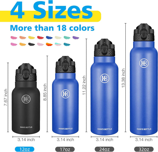 Han's Bottle Sports Water Bottle - 24 Oz, Straw Lid, Leak Proof, Vacuum Insulated Stainless Steel, Double Walled, Thermo Mug,Black
