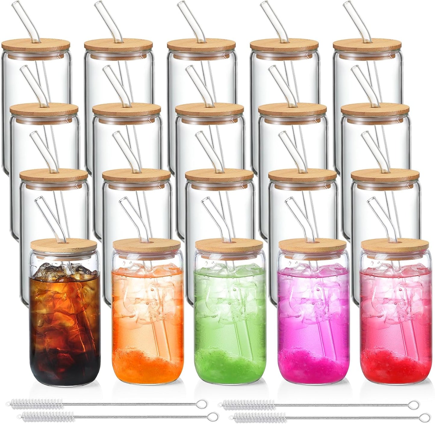 Drinking Glasses with Bamboo Lids and Glass Straw 4pcs Set - 16oz Glass Cups, Iced Coffee Glasses, Cute iced Tea Glasses, Beer Glasses, Ideal for Coffee Bar Accessories, Aesthetic Gift - 2 Brushes