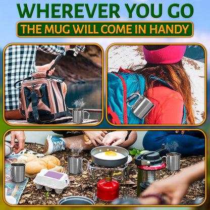 13.5 Oz Camping Mug with Carabiner Handle - Clip-On & Lightweight Design, Stainless Steel Camping Cup for Backpacking, Hiking & Travel - Packable Metal Coffee Mug for Hot & Cold Tea, Soup & Cocoa