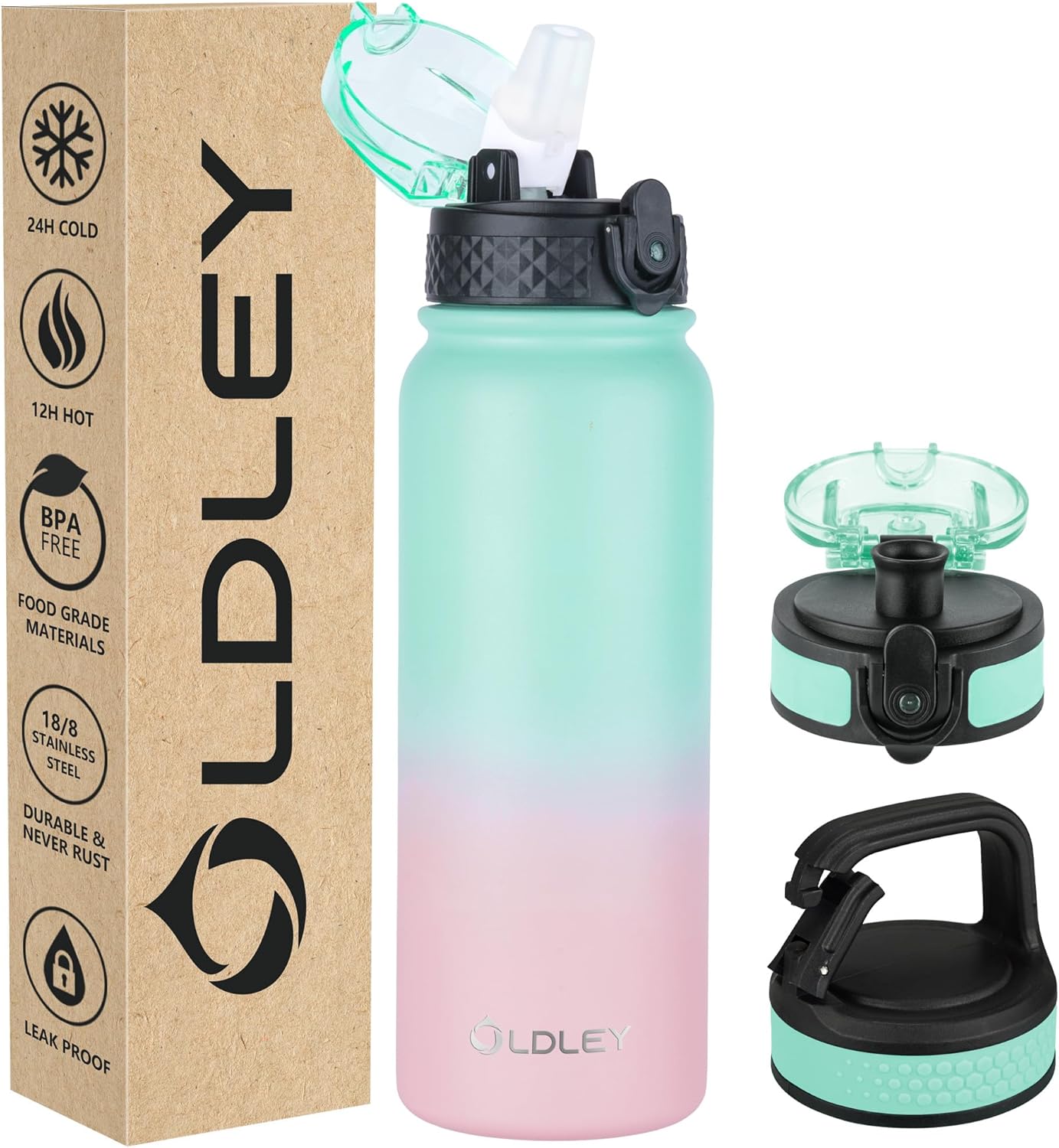 Oldley Insulated Water Bottle 20oz for Adults Kids Stainless Steel Water Bottles with Straw/Chug/Carabiner 3 Lids Fruit Strainer Double Wall Vacuum Wide Mouth BPA Free Leak-Proof for School Travel