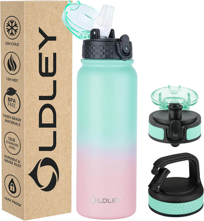 Oldley Insulated Water Bottle 20oz for Adults Kids Stainless Steel Water Bottles with Straw/Chug/Carabiner 3 Lids Fruit Strainer Double Wall Vacuum Wide Mouth BPA Free Leak-Proof for School Travel