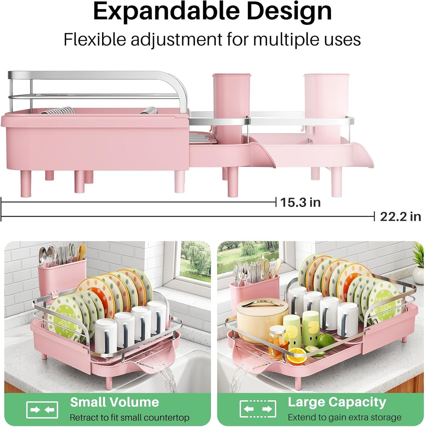 SAYZH Dish Drying Rack - Expandable Dish Rack for Kitchen Counter, Rust-Resistant Dish Drainer with Utensil Holder and Raised Guardrail, Kitchen Organizer for Cup and Bottle (Black)
