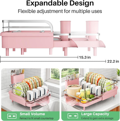SAYZH Dish Drying Rack - Expandable Dish Rack for Kitchen Counter, Rust-Resistant Dish Drainer with Utensil Holder and Raised Guardrail, Kitchen Organizer for Cup and Bottle (Black)