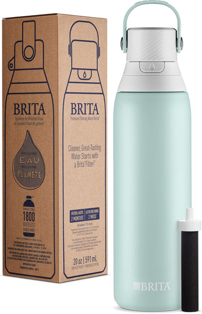 Brita Stainless Steel Premium Filtering Water Bottle, BPA-Free, Reusable, Insulated, Replaces 300 Plastic Water Bottles, Filter Lasts 2 Months or 40 Gallons, Includes 1 Filter, Glacier - 20 oz