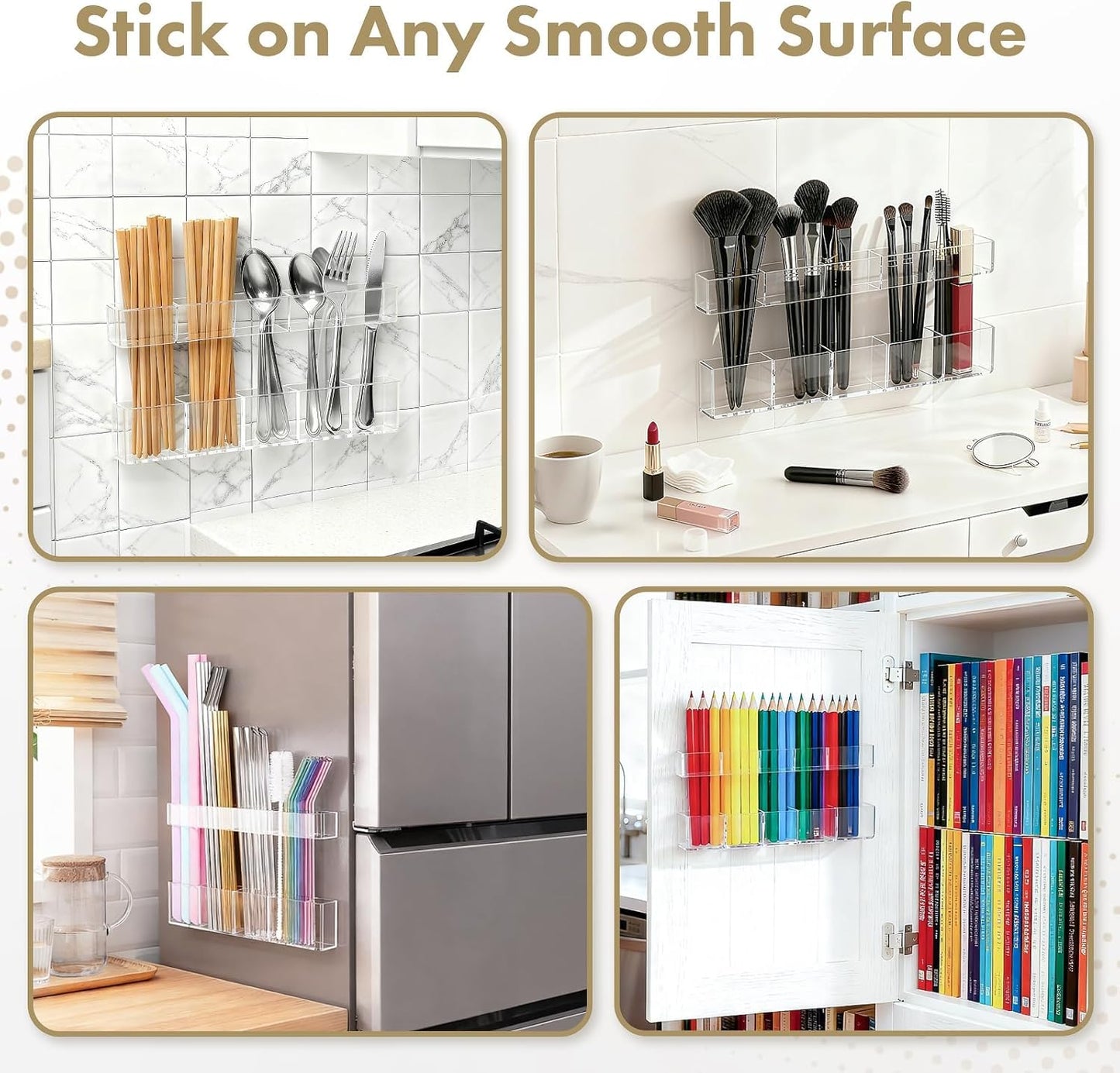 Acrylic Straw Holder for Cabinet Door - Child-Safe Organizer & Dispenser with Smooth Rounded Edges for Kitchen Accessories Storage, Adhesive Circles Included (Clear Transparent)