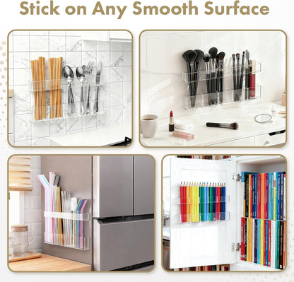 Acrylic Straw Holder for Cabinet Door - Child-Safe Organizer & Dispenser with Smooth Rounded Edges for Kitchen Accessories Storage, Adhesive Circles Included (Clear Transparent)