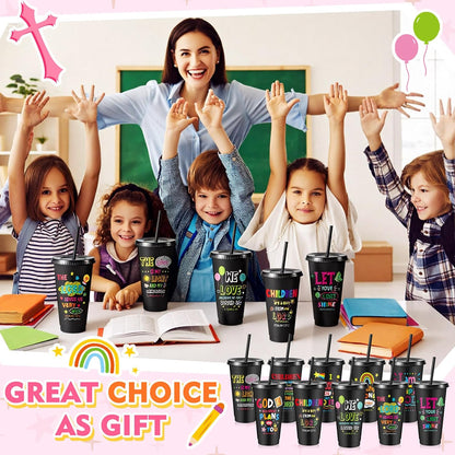 Uiifan 10 Pcs Christian Tumblers with Straws for Kids, Bible Verse Cups for VBS, Sunday School, Church Party Favors and Faith Gifts, Reusable Plastic Tumblers with Lids, 24 oz, White