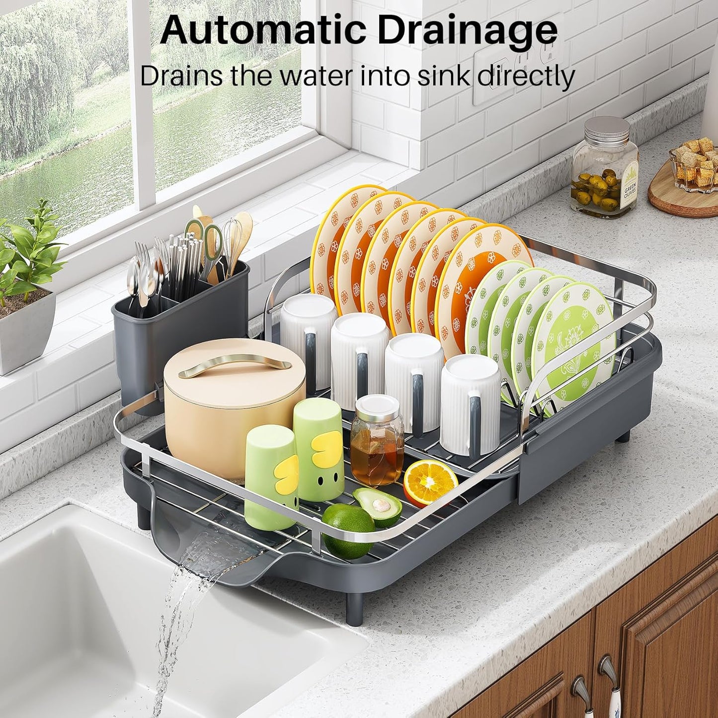 SAYZH Dish Drying Rack - Expandable Dish Rack for Kitchen Counter, Rust-Resistant Dish Drainer with Utensil Holder and Raised Guardrail, Kitchen Organizer for Cup and Bottle (Black)