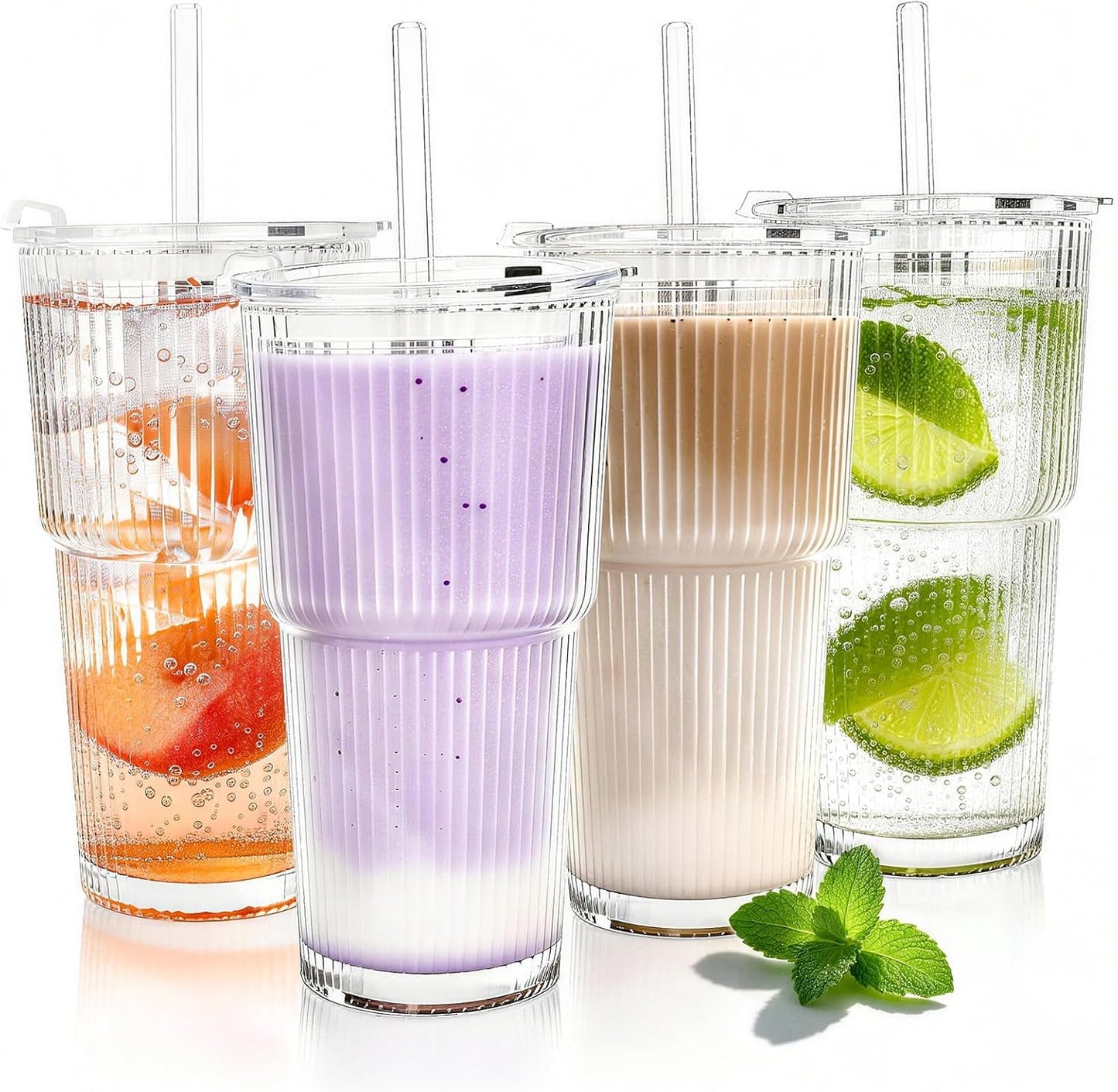 Clear Iced Coffee Cups with Lids - 4 Pack, 20oz Reusable Glass Cups with Lids and Straws, Drinking Tumblers for Cocktail Beer, Juice, Smoothie, Coffee Bar, Housewarming Gifts - Dishwasher Safe