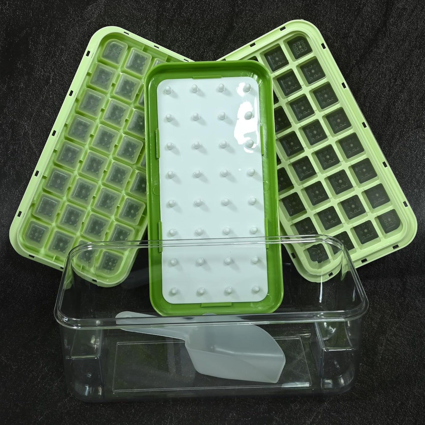 Ice Trays for Freezer with Lid & Bin, Ice Cube Tray Making 64 pcs Ice Cubes, Easy Press to Release Ice, Ice Tray with Storage Bin Chilling Cocktail Whiskey Coffee 2 Trays 1 Ice Bucket & Scoop (Black)