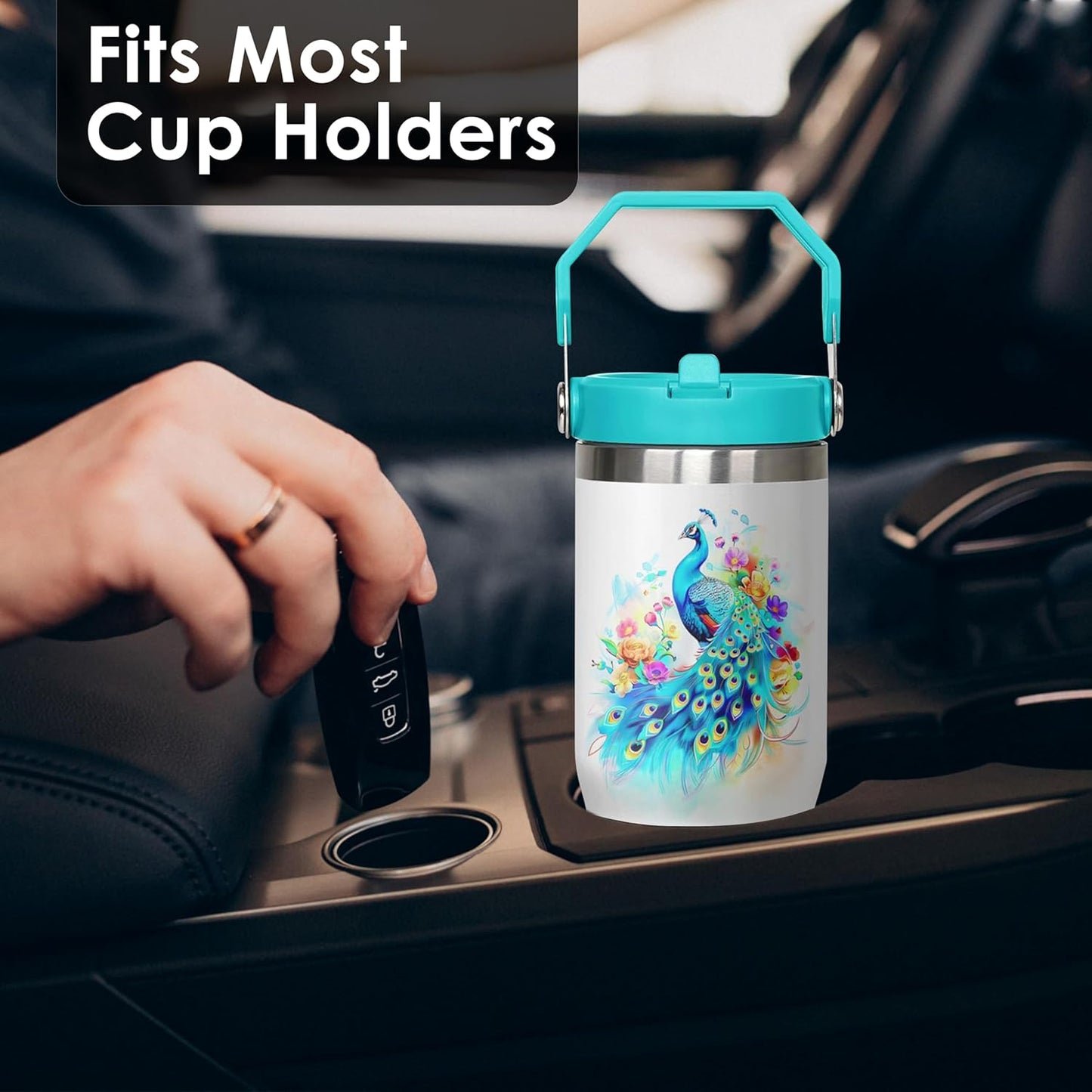 30 oz Peacock Blue Flip Straw Tumbler with Top Handle for Peacock Blue Lover Resuable Vacuum Insulated Flip Top Water bottle for Home Office Car