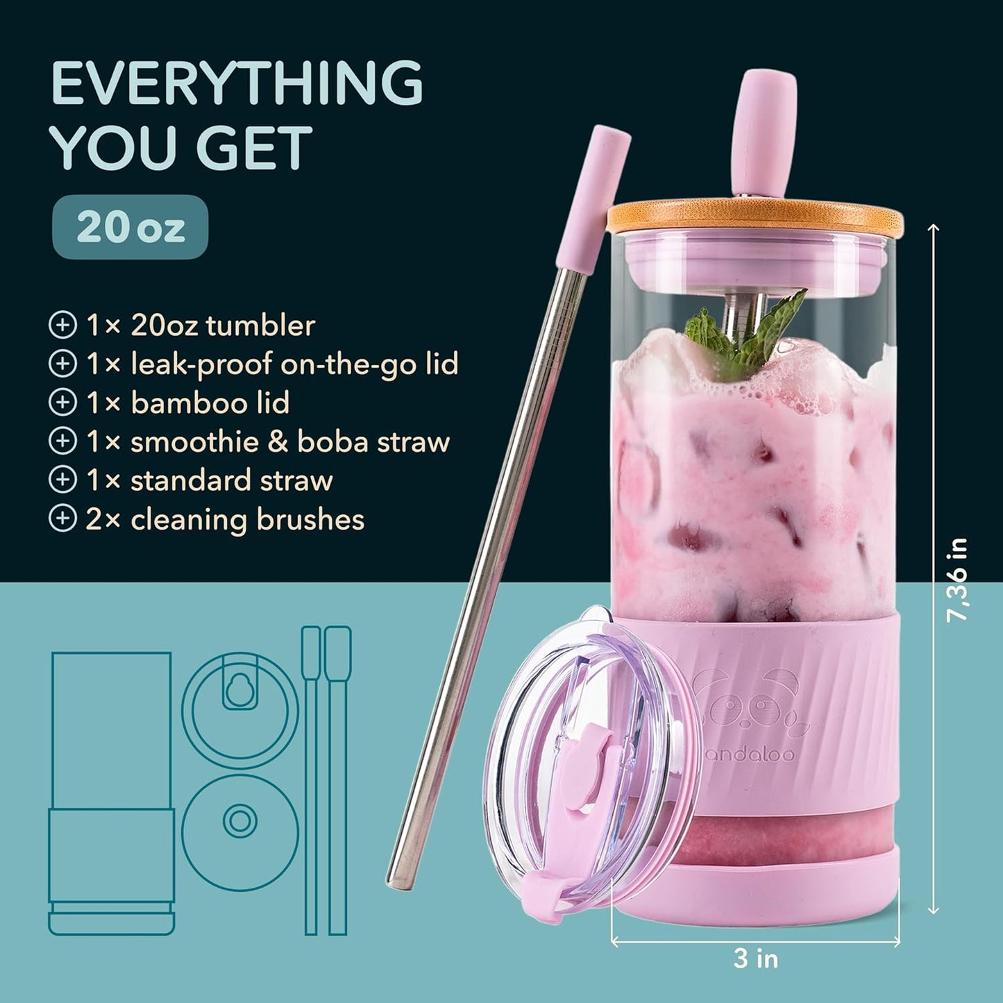 Pandaloo® Glass Cups With Lids and Straws -20 Fl Oz- Perfect Size Iced Coffee Cup - Smoothie Cup With Bamboo Lid and On the go Lid - Glass Tumbler With Straw (1 Count (Pack of 1), Lilac Rhapsody)