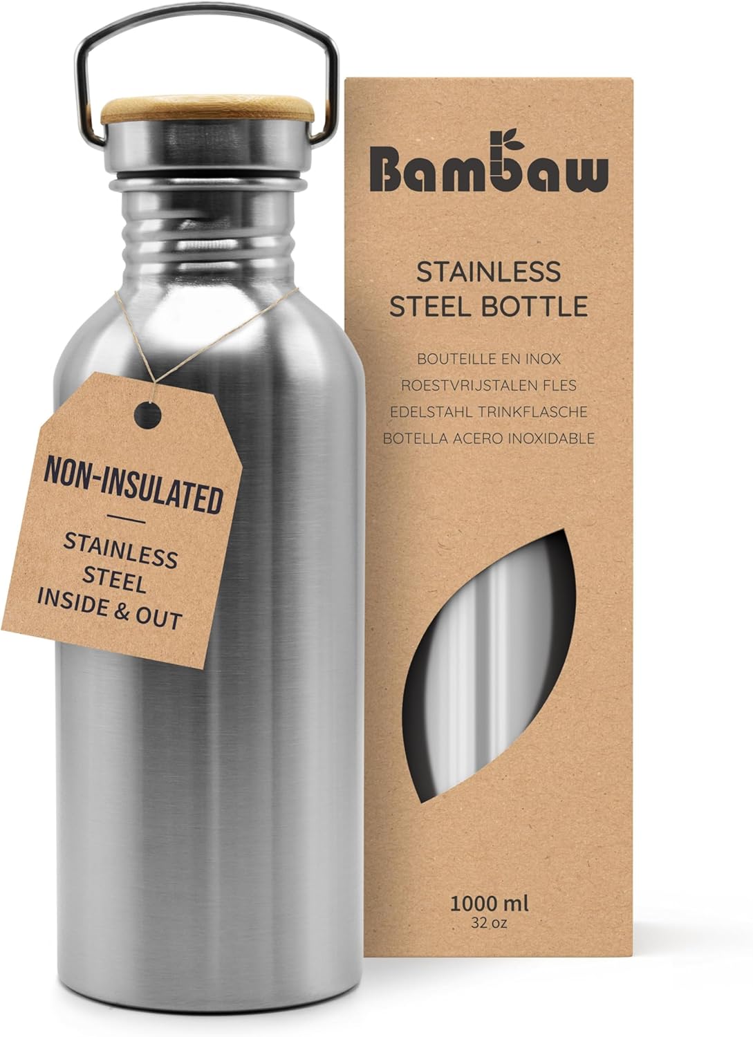 Bambaw Stainless Steel Water Bottles 32 oz, Non-insulated Single Wall Metal Water Bottle Stainless Steel, Reusable & Eco Friendly, Dishwasher Safe – Silver | Non-insulated