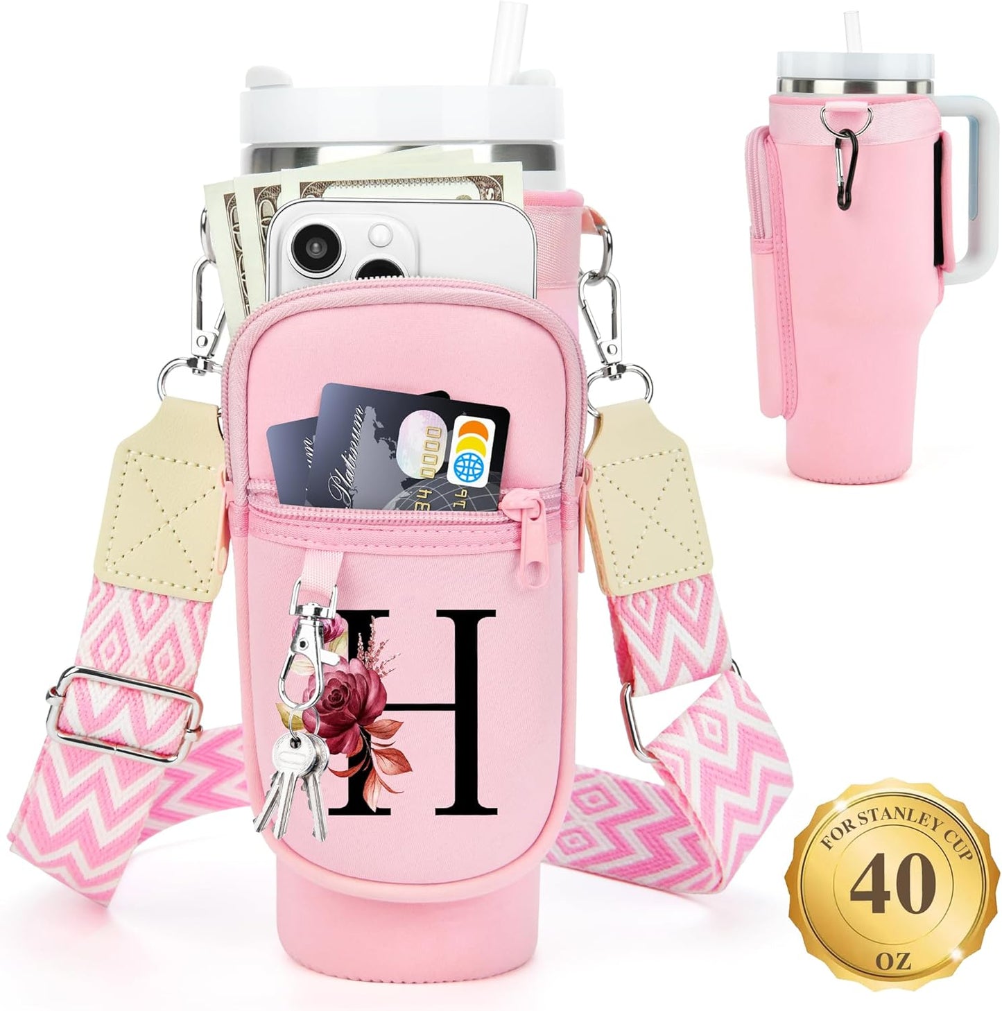 LOKASS Personalized Water Bottle Holder with Strap for Stanley Cup Accessories 40 oz, Initial for Stanley Cup Holder Carrier Bag with Phone Pocket, Stylish Tumbler Accessories for Daily Use Hands-Free