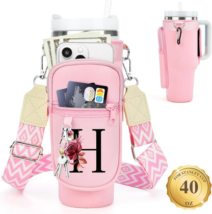 LOKASS Personalized Water Bottle Holder with Strap for Stanley Cup Accessories 40 oz, Initial for Stanley Cup Holder Carrier Bag with Phone Pocket, Stylish Tumbler Accessories for Daily Use Hands-Free