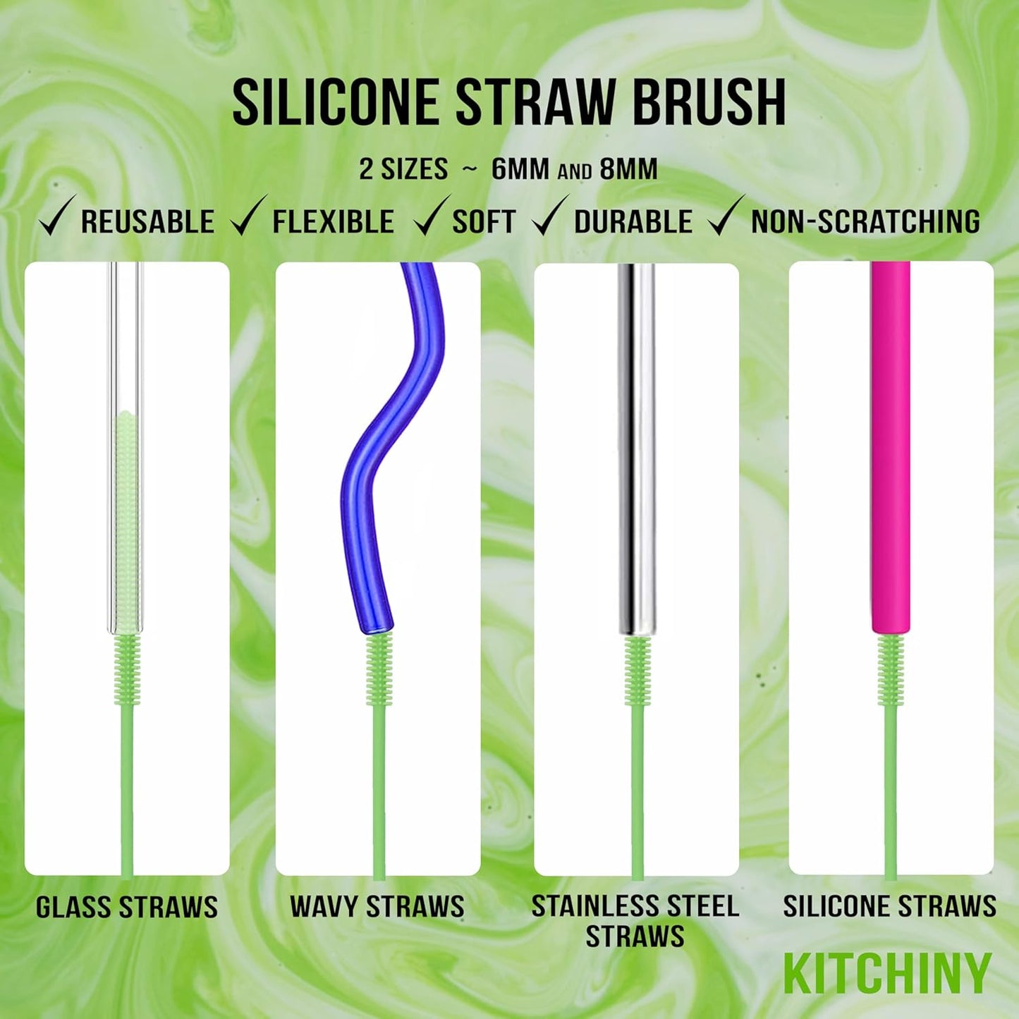 Kitchiny Silicone Bottle Brush with 2 Straw Cleaners - 12.5” Water Bottle Cleaner Brush for Yeti, Hydro Flask, Owala, Stanley, Baby Bottles, Glassware, Vases & Narrow Neck Containers - Orange