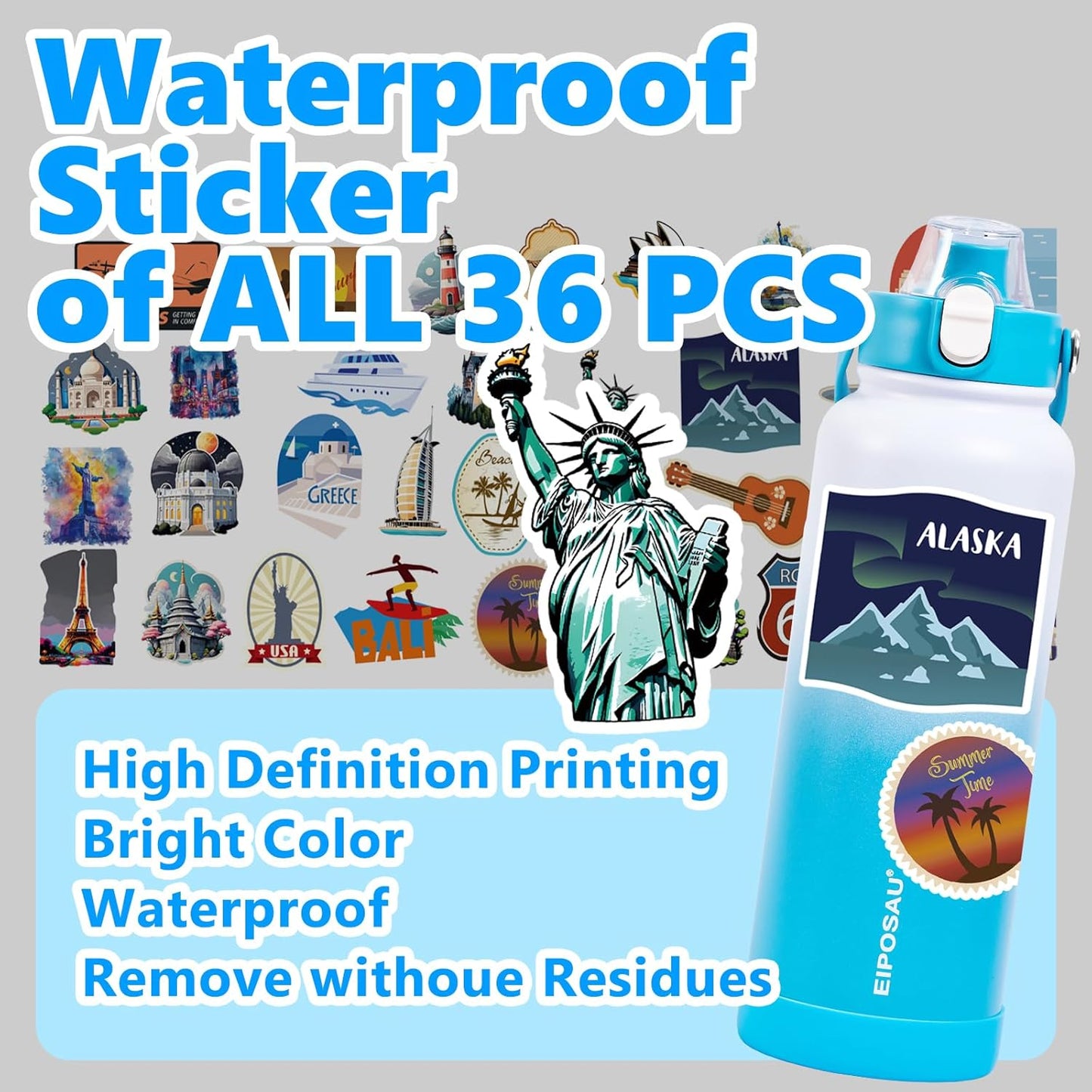 Insulated Water Bottle with Lid & Boot & Stickers, 24 oz Stainless Steel Sweat Free Bottle Keep Cold 24H, BPA-Free Sports Wide Mouth Water Bottle, BlueBlack