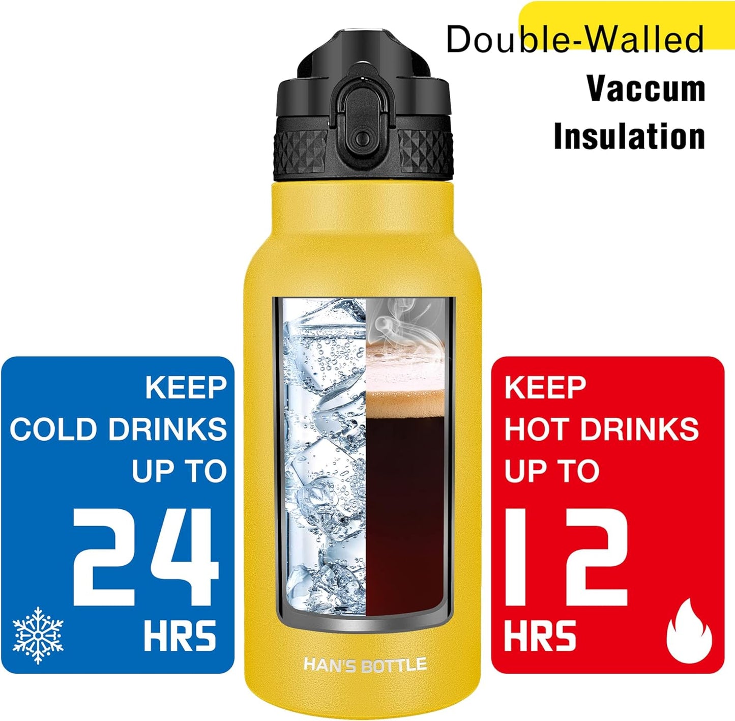 Han's Bottle Sports Water Bottle - 24 Oz, Straw Lid, Leak Proof, Vacuum Insulated Stainless Steel, Double Walled, Thermo Mug,Black