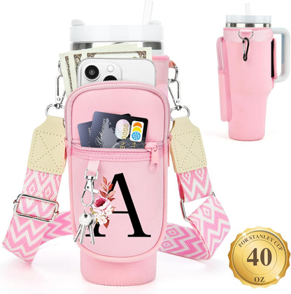 LOKASS Personalized Water Bottle Holder with Strap for Stanley Cup Accessories 40 oz, Initial for Stanley Cup Holder Carrier Bag with Phone Pocket, Stylish Tumbler Accessories for Daily Use Hands-Free