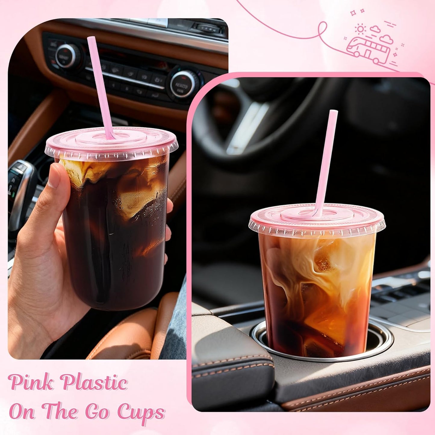 tchrules 100 Set 16oz Plastic Cups with Lids and Straws, Disposable Clear Iced Coffee Cup with Lid, Round Bottom Plastic To Go Cups for Cold Drinks Slushie Smoothie Lemonade Matcha Party Shop Supplies